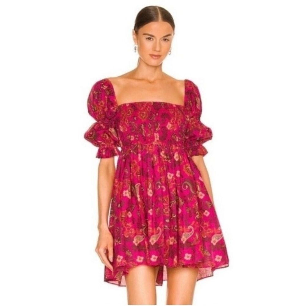 Misa Tularosa Paisley Mini Dress Pink Floral 100% Cotton Puff Sleeve Women’s S